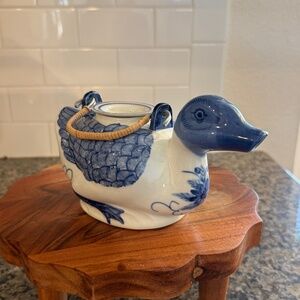 Vintage Blue and White Hand Painted Porcelain Duck Teapot